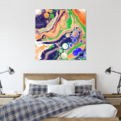 Blauw, koraal en groen gekleurd gekleurd en vloeib canvas afdruk (Insitu (Slaapkamer))