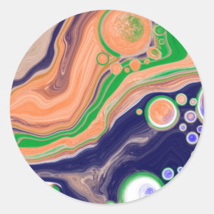 Blauw, koraal en groen gekleurd gekleurd en vloeib ronde sticker