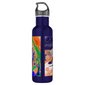 Blauw, koraal en groen gekleurd gekleurd en vloeib waterfles (Achterkant)