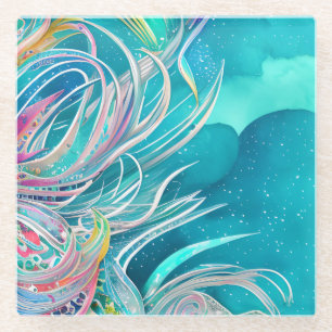 Blauw Koraal Strand Abstracte Kunst Glazen Onderzetter