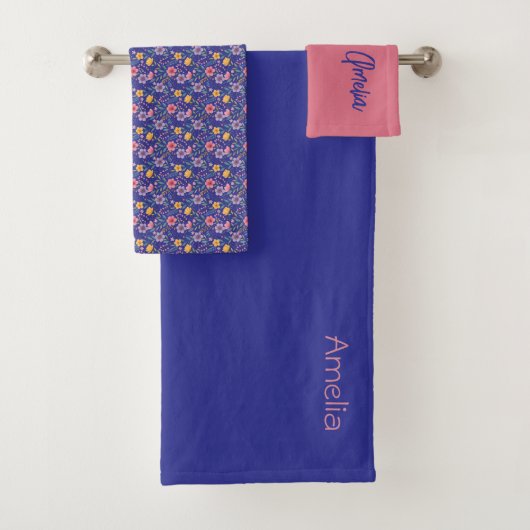Blauw koraalroze eenvoudige wilde bloemenpatroon n bad handdoek (Insitu)