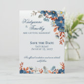 Blauw Korenbloem & Koperen Bloem Bruiloft Save The Date (Staand voorkant)