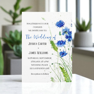 Blauw Korenbloemen Waterverf Bloemen Bruiloft Kaart