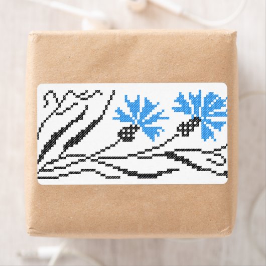 Blauw kornflower kruisstitsontwerp etiket (Insitu)