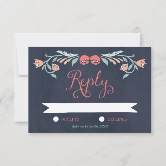 Blauw krijtbord Elegant Bloemen Bruiloft RSVP (Voorkant)