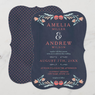 Blauw krijtbord Elegante bloemenbruiloft Kaart