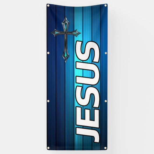 blauw kruis en planken Jezus Spandoek (Verticaal)