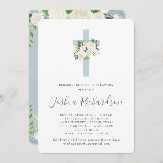 Blauw kruis en witte bloemen | Jongen Baptisme Kaart (Voorkant / Achterkant)