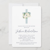 Blauw kruis en witte bloemen | Jongen Baptisme Kaart (Voorkant)