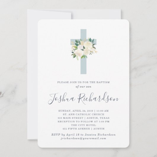 Blauw kruis en witte bloemen | Jongen Baptisme Kaart (Voorkant)