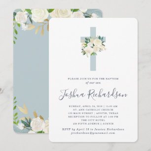 Blauw kruis en witte bloemen   Jongen Baptisme Kaart