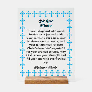 Blauw Kruis Frame Pastor Waardering Acrylic Bord