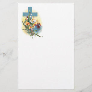Blauw kruis met bloemen en boten briefpapier