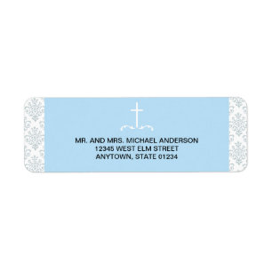 Blauw kruis met damast patroon etiket