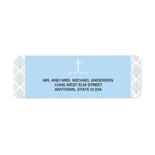 Blauw kruis met damast patroon etiket (Voorkant)