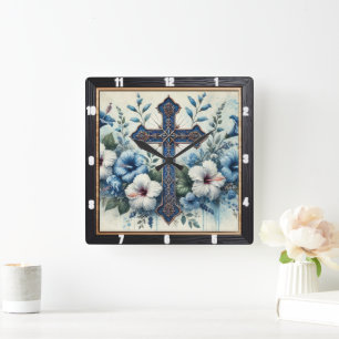  Blauw Kruis Witte Hibiscus Vierkante Klok