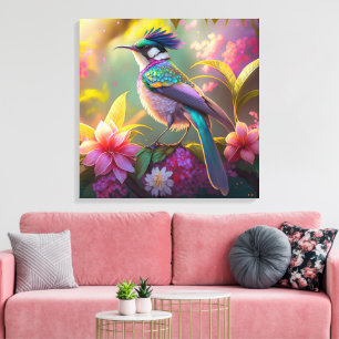 Blauw Kuif Regenboog Gevleugelde Zonnevogel Fantas Canvas Afdruk