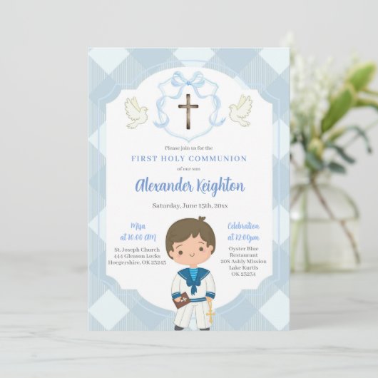 Blauw Kuif Zeeman Jongen Eerste Heilige Communie Kaart (Staand voorkant)