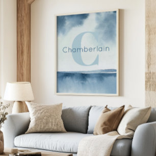 Blauw kust aangepaste achternaam muur kunst afdruk poster