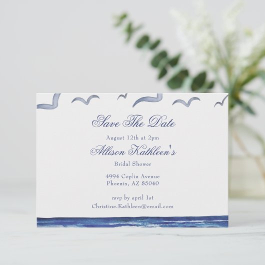 Blauw Kust Bruiloft Bridal Shower Save The Date Informatiekaartje (Staand voorkant)