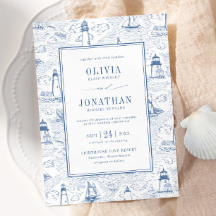 Blauw Kust Chic Vuurtoren Toile Bruiloft Kaart