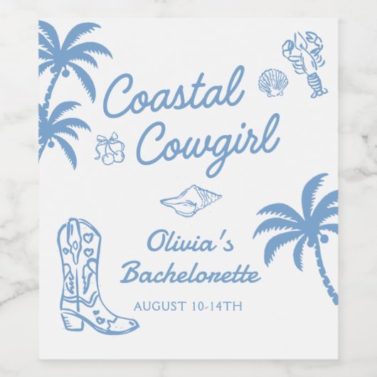 Blauw kust cowgirl vrijgezellenfeest wijn etiket (Enkel label)