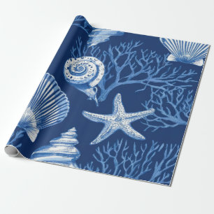 Blauw kust toile zeeschelp koraal patroon (2) cadeaupapier