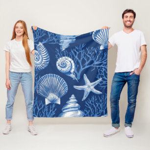 Blauw kust toile zeeschelp koraal patroon (2) fleece deken
