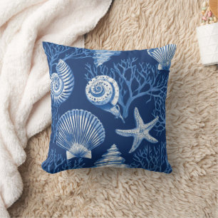 Blauw kust toile zeeschelp koraal patroon (2) kussen