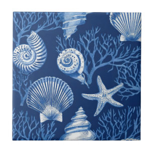 Blauw kust toile zeeschelp koraal patroon (2) tegeltje