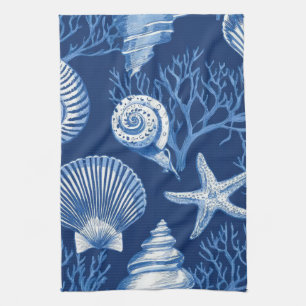 Blauw kust toile zeeschelp koraal patroon (2) theedoek