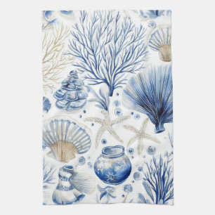 Blauw kust toile zeeschelp koraal patroon (3) theedoek