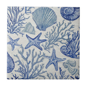 Blauw kust toile zeeschelp koraal patroon tegeltje