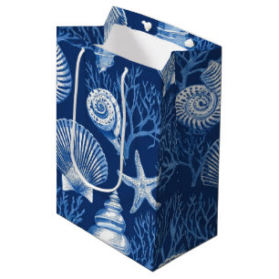 Blauw kust toile zeeschelp koraalpatroon (2) medium cadeauzakje