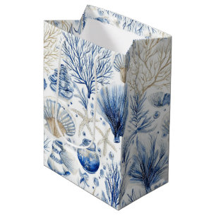 Blauw kust toile zeeschelp koraalpatroon (3) medium cadeauzakje