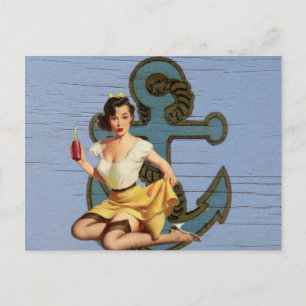 blauw kustschip en anker zwembad party meisje briefkaart