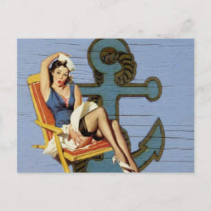 blauw kustschip en anker zwembad party meisje briefkaart