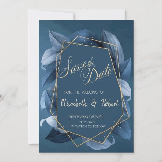 Blauw laat gouden Lijst opslaan de datum Save The Date (Voorkant)