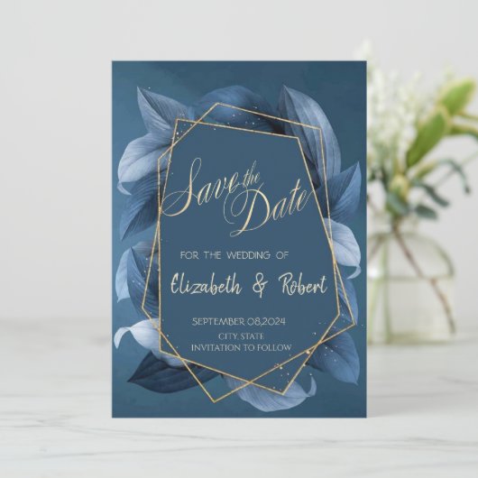 Blauw laat gouden Lijst opslaan de datum Save The Date (Staand voorkant)