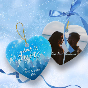 Blauw Laat het Sneeuwen Eerste Kerstfoto Keramisch Ornament
