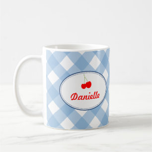 Blauw landgingham patroon rode kersen persoonlijk koffiemok