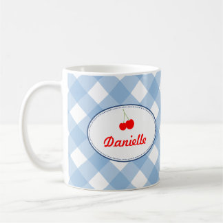 Blauw landgingham patroon rode kersen persoonlijk koffiemok