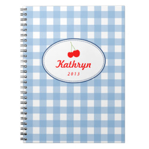 Blauw landgingham patroon rode kersen persoonlijk notitieboek