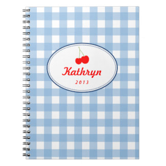 Blauw landgingham patroon rode kersen persoonlijk notitieboek