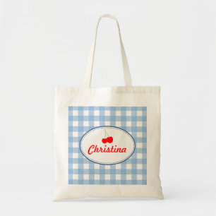 Blauw landgingham patroon rode kersen persoonlijk tote bag
