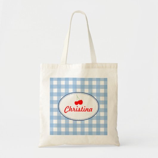 Blauw landgingham patroon rode kersen persoonlijk tote bag (Voorkant)