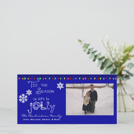 Blauw Laten we Jolly Christmas Holiday fotokaart Feestdagenkaart (Staand voorkant)