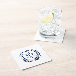 Blauw Lauwerkrans Aangepast Monogram Vierkante Kartonnen Onderzetter