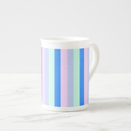 Blauw, Lavendel, Roze & Pastel Mint Groene strepen Porselein Kop (Voorkant rechts)