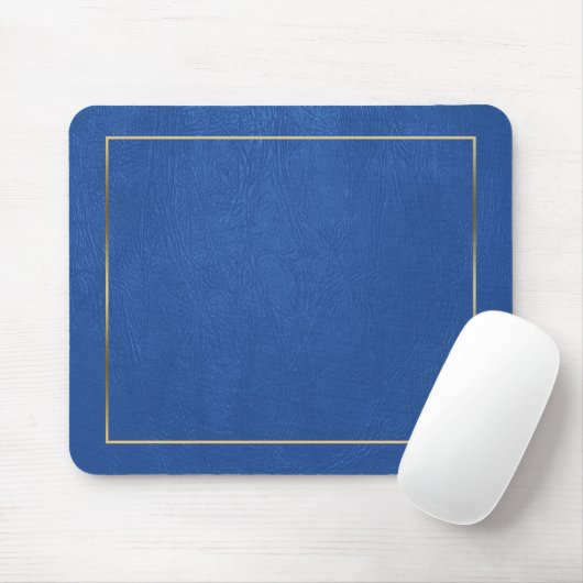 Blauw Lederen Textuur Goud Lijst-Custom Monogram Muismat (Met muis)